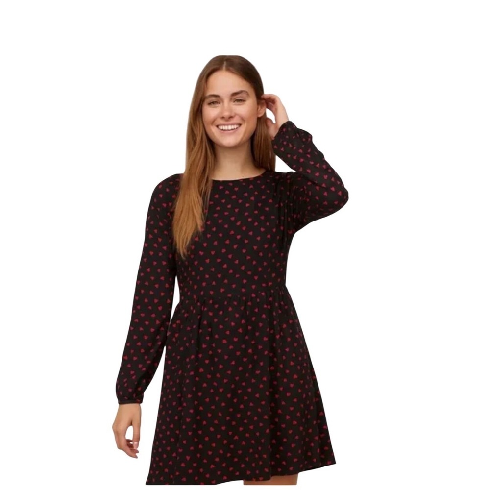 Reformation Jeans Black Red Hearts‎ Long Sleeve A Line Mini Dress Size S